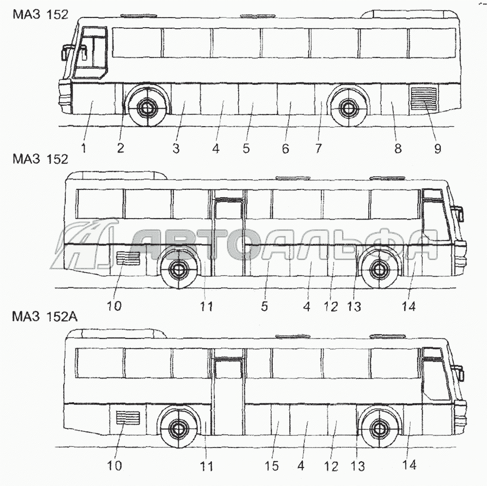 Расположение крышек и решеток на кузове МАЗ 152 и МАЗ 152А МАЗ 152